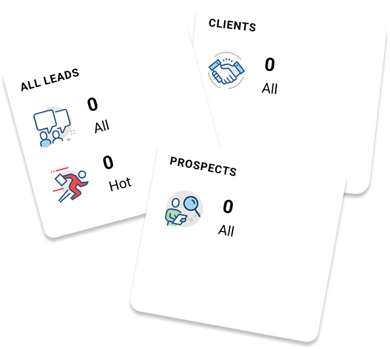 Imported contacts shown as lead, prospect, and client cards